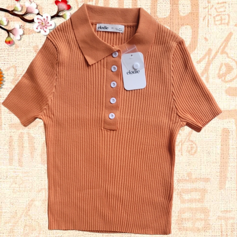 ELODIE Orange Stretchy Ribbed Short Sleeve Collar from Nordstrom Large